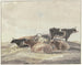a hill scene with six lying cows and one standing cow - Andries Vermeulen — artwork view