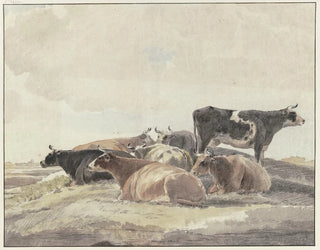 a hill scene with six lying cows and one standing cow - Andries Vermeulen — artwork view