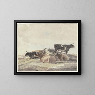 a hill scene with six lying cows and one standing cow - Andries Vermeulen — framed artwork on a wall