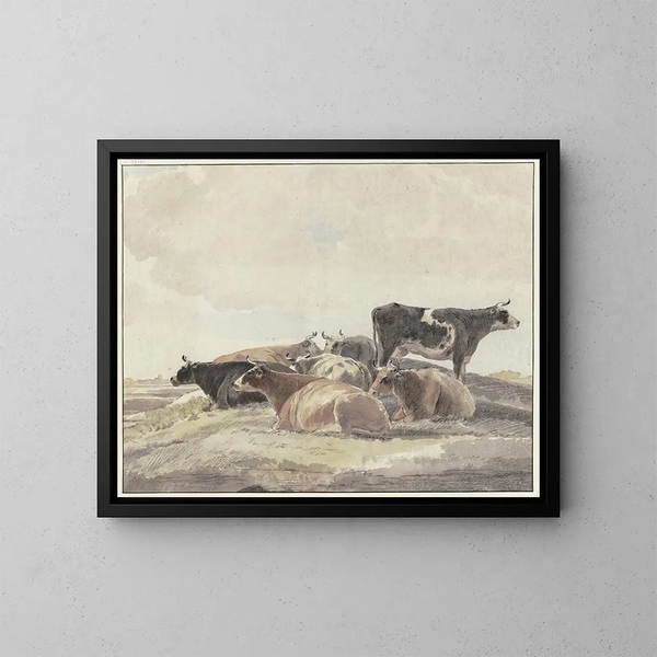 a hill scene with six lying cows and one standing cow - Andries Vermeulen — framed artwork on a wall