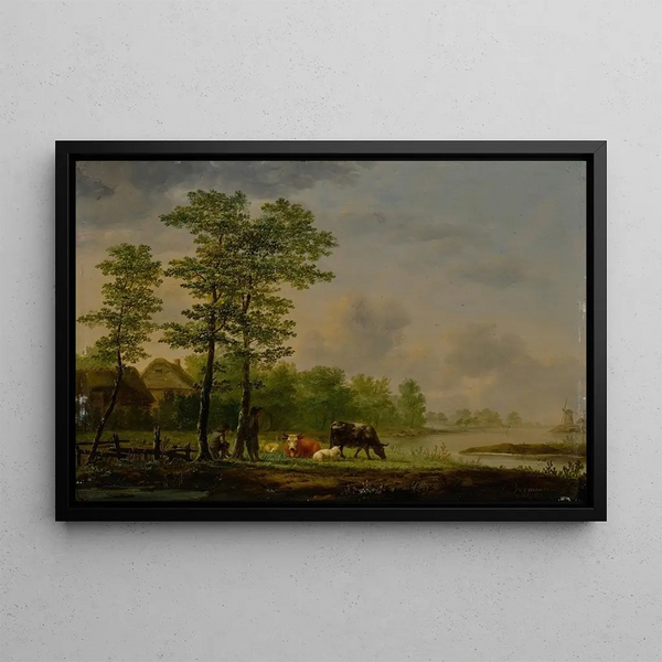 Landscape painting with farmers, livestock, and sheep in front of a river - Andries Vermeulen — framed artwork on a wall