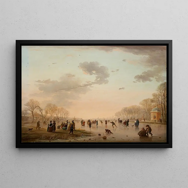 Winter Landscape Painting with Skaters on a River - Andries Vermeulen — framed artwork on a wall