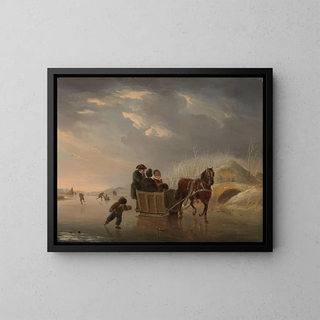 Winter scene: horse-drawn sleigh on the ice - Andries Vermeulen — framed artwork on a wall