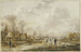Winter landscape painting of an icy river near a small town with skaters - Andries Vermeulen — artwork view