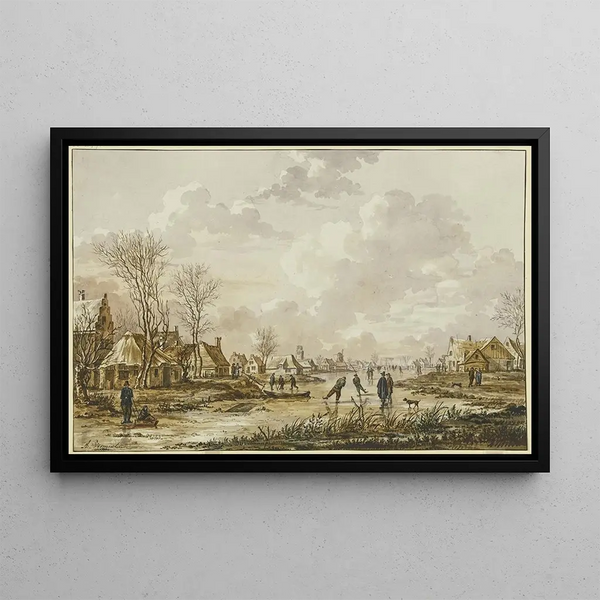 Winter landscape painting of an icy river near a small town with skaters - Andries Vermeulen — framed artwork on a wall