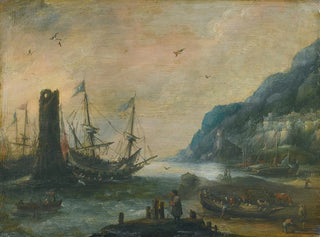 a Mediterranean coastal scene with a tower, ships, and figures on the beach - Andries van Eertvelt — artwork view