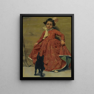 Girl dancing for her cat - Andrés Parladé y Heredia — framed artwork on a wall