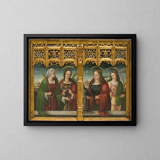 Saint Apolline, Saint Lucia, and Saint Barbara with another martyr saint - Andrés de Melgar — framed artwork on a wall