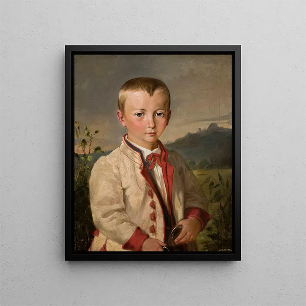 Boy against a landscape - Andrzej Grabowski — framed artwork on a wall