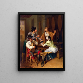 a tavern scene with wine - Ángel María Cortellini Hernández — framed artwork on a wall