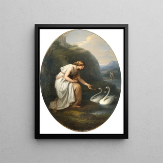Immortalia, the nymph of immortality, receives nameplates from two swans - Angelica Kauffman — framed artwork on a wall