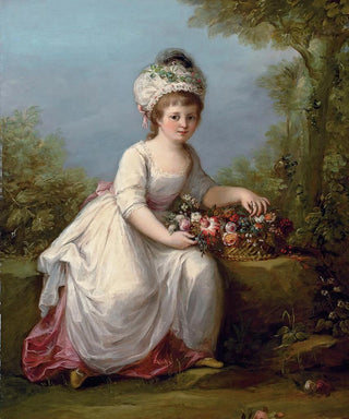 Portrait of a young girl standing in a white dress with a basket of flowers in a landscape - Angelica Kauffman — artwork view