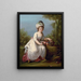 Portrait of a young girl standing in a white dress with a basket of flowers in a landscape - Angelica Kauffman — framed artwork on a wall