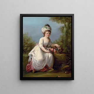 Portrait of a young girl standing in a white dress with a basket of flowers in a landscape - Angelica Kauffman — framed artwork on a wall