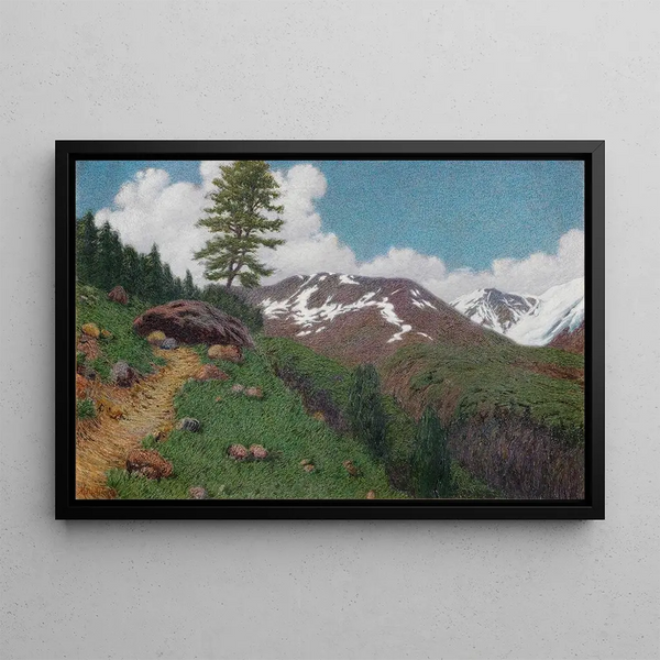 Landscape painting with larches - Angelo Morbelli — framed artwork on a wall