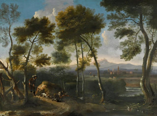 Landscape painting in italics with hunters shooting ducks - Angeluccio — artwork view