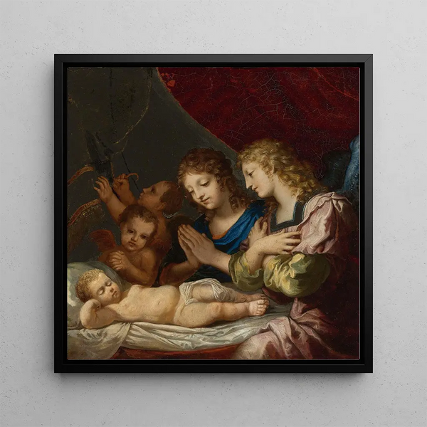 Angelic painting worshiping the sleeping Christ - Jacques Stella — framed artwork on a wall