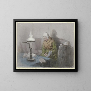 Old woman in the light of lamps - Angilbert Göbel — framed artwork on a wall