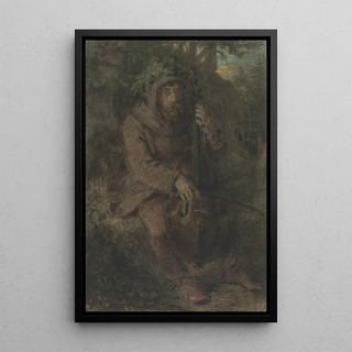 Gnome playing the cello in the forest - Angilbert Göbel — framed artwork on a wall