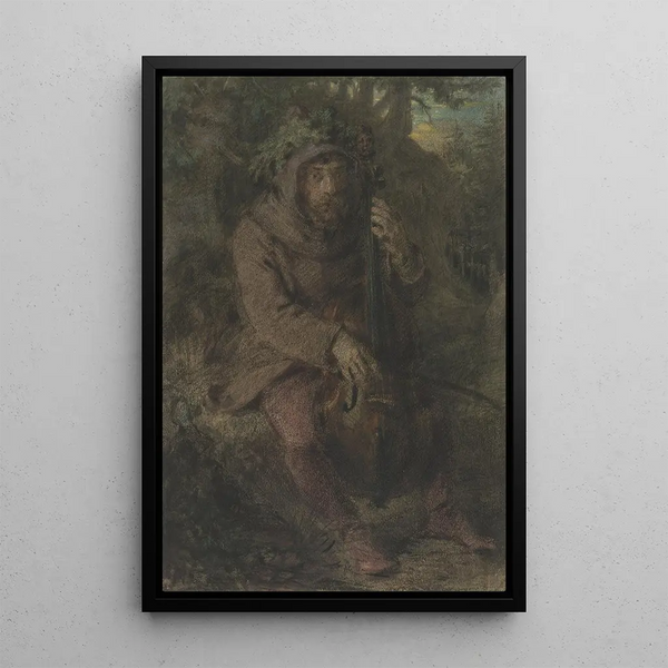 Gnome playing the cello in the forest - Angilbert Göbel — framed artwork on a wall