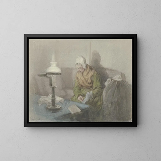 Old woman in lamplight - Angilbert Göbel — framed artwork on a wall