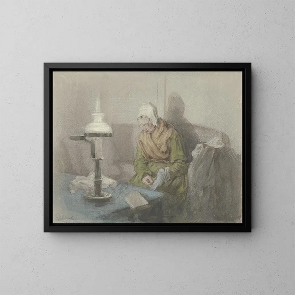 Old woman in lamplight - Angilbert Göbel — framed artwork on a wall