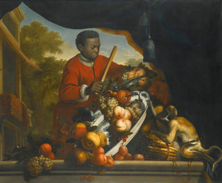 Nature morte avec un singe renversant un bol de fruits - Anglo-Dutch School — artwork view