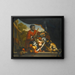 Nature morte avec un singe renversant un bol de fruits - Anglo-Dutch School — framed artwork on a wall