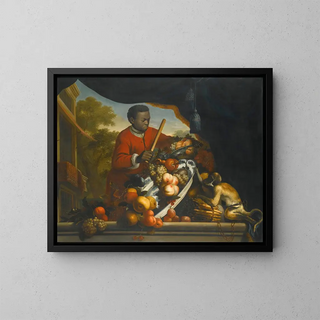 Nature morte avec un singe renversant un bol de fruits - Anglo-Dutch School — framed artwork on a wall