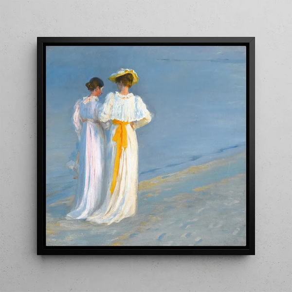 Anna Ancher and Marie Krøyer on the Beach at Skagen - Peder Severin Krøyer — framed artwork on a wall