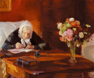 Ane Hedvig Brndum sitting at her desk in the red living room - Anna Ancher — artwork view