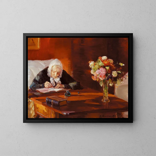 Ane Hedvig Brndum sitting at her desk in the red living room - Anna Ancher — framed artwork on a wall