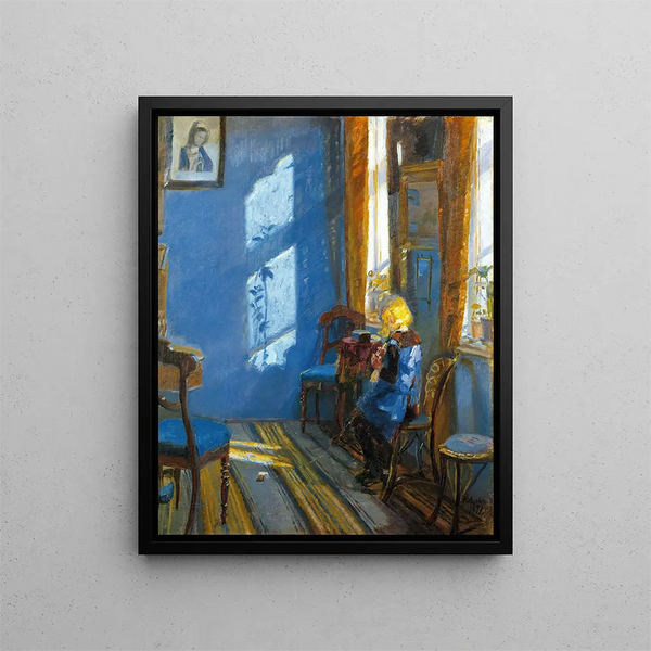 La lumière du soleil dans la chambre bleue - Anna Ancher — framed artwork on a wall