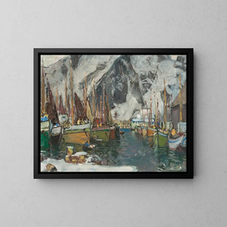 Among the fishing boats in Svolvaer, study of the Lofoten - Anna Boberg — framed artwork on a wall