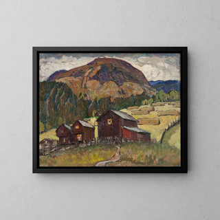 Summer landscape painting with alpine huts, study of northern Norway - Anna Boberg — framed artwork on a wall
