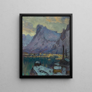 Study of the port of Svolvær at the height of the fishing season from the Lofoten - Anna Boberg — framed artwork on a wall