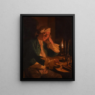a scientist sitting at a desk by candlelight - Anna Dorothea Therbusch — framed artwork on a wall