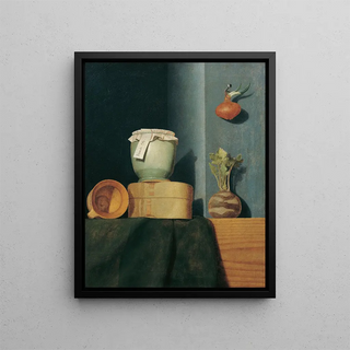 Still life with kitchen utensils, onion and kohlrabi - Anna Maria Punz — framed artwork on a wall