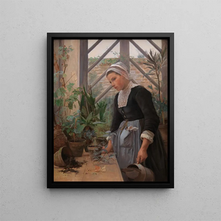 Breton girl caring for plants in the greenhouse - Anna Petersen — framed artwork on a wall
