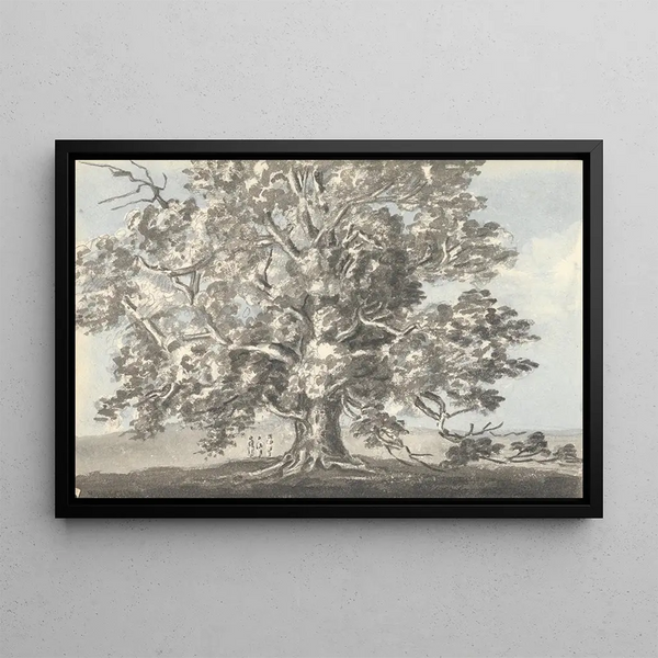 three standing figures under a large tree - Anne Rushout — framed artwork on a wall