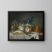 Still life with mackerels, glassware, bread, and lemons on a table with a white cloth - Anne Vallayer-Coster — framed artwork on a wall