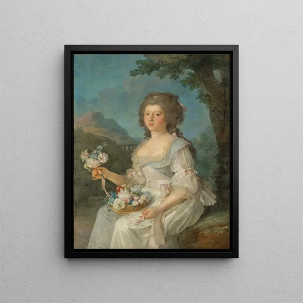 Portrait of a woman bust holding a basket of flowers - Anne Vallayer-Coster — framed artwork on a wall