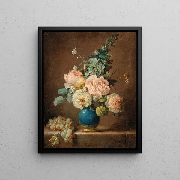 Vase of flowers and grapes placed on a plinth - Anne Vallayer-Coster — framed artwork on a wall