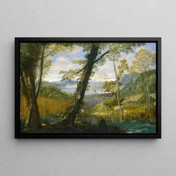 River landscape painting - Annibale Carracci — framed artwork on a wall
