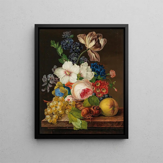 a bouquet of flowers with grapes and medlar - Anonymous — framed artwork on a wall