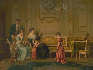 A young girl stands in front of her family with her eyes lowered. - Anonymous — artwork view