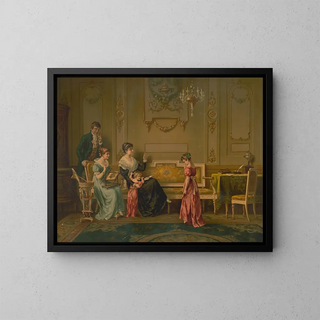 A young girl stands in front of her family with her eyes lowered. - Anonymous — framed artwork on a wall