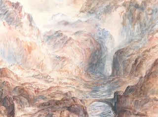 Alpine landscape painting with figures and bridge - Anonymous — artwork view