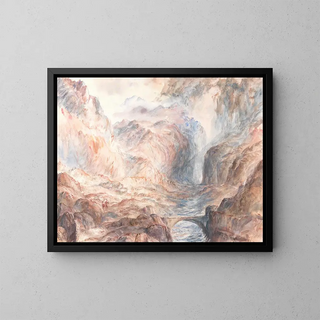 Alpine landscape painting with figures and bridge - Anonymous — framed artwork on a wall