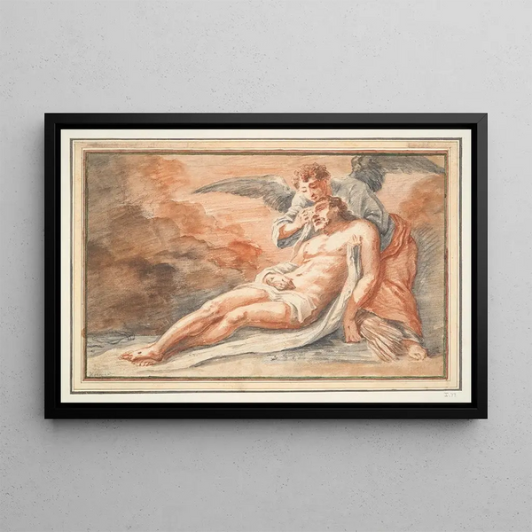 Angel comforting the Christ laid down - Anonymous — framed artwork on a wall